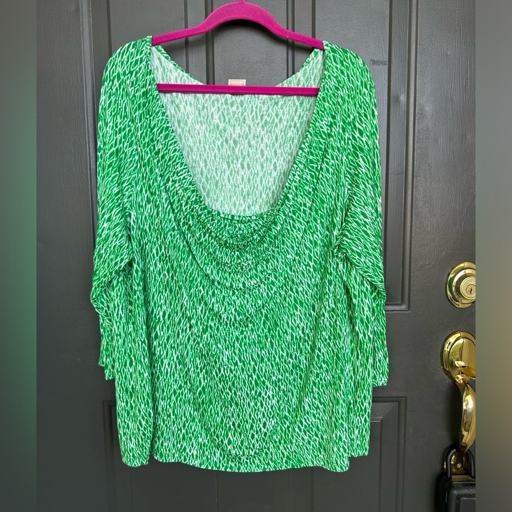 Michael Kors quarter sleeve cowl neck green white diamond pattern tunic Size 2X